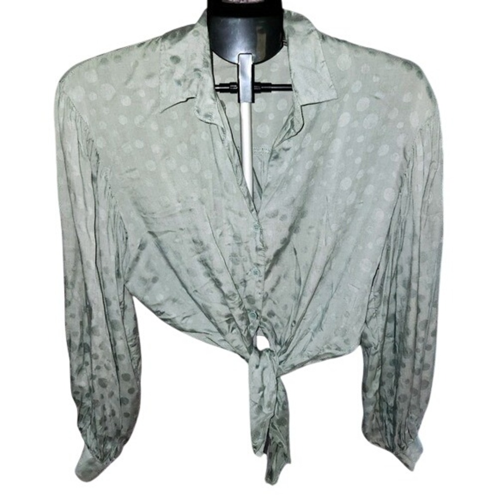 Mustard Seed Tie Front‎ Blouse Sage Green Polka Dot Long Sleeve Women's Small